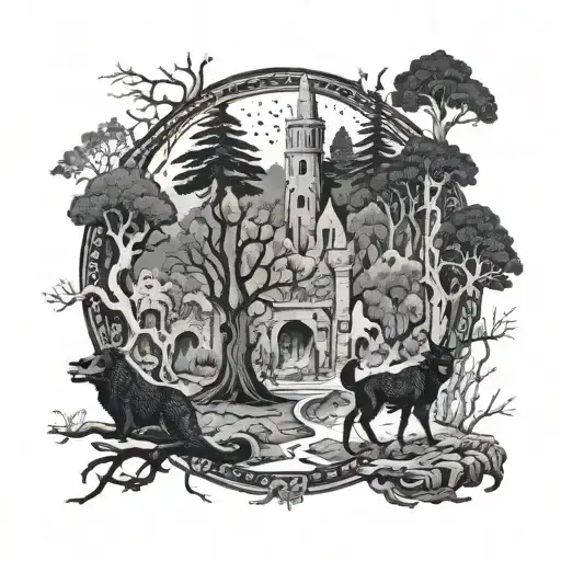 A Mystical Forest With Ancient Ruins And Magical Creatures Inspired By Slavic Folklore