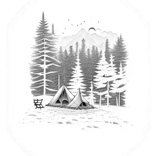 A Serene Camping Scene With A Roaring Bonfire Surrounded By Tall Pine Trees