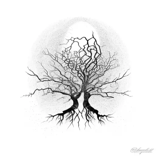 An Intricate Tree Silhouette With Roots Forming The Shape Of A Heartbeat