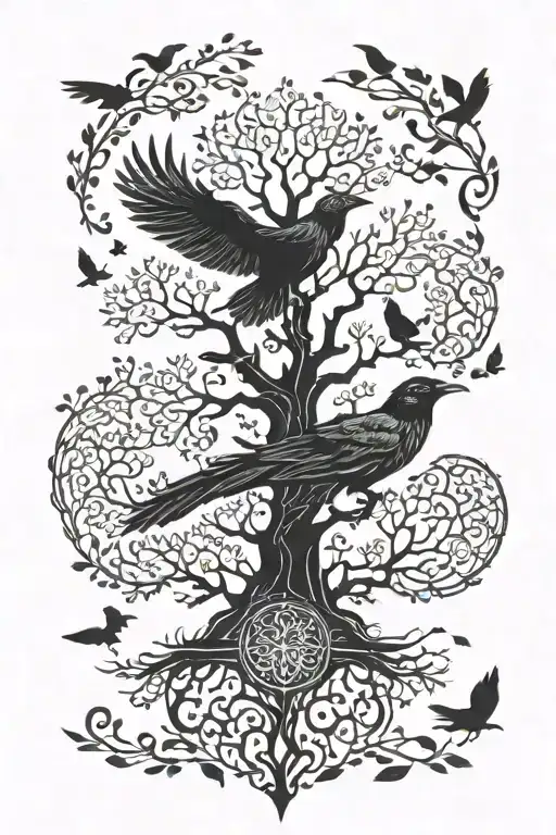 Nordic Tree Of Life And Raven Flying