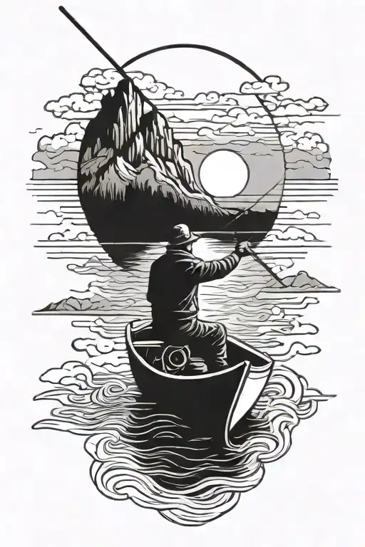 Guy Fishing On A Boat Surrounded By Mountains With The Rising Sun