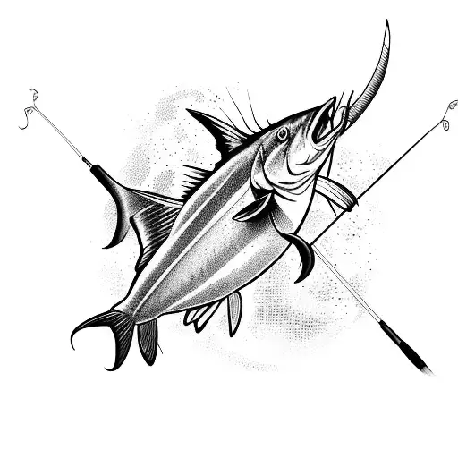 A Majestic Marlin Leaping Out Of The Water With A Fishing Rod And Spray Gun Intertwined