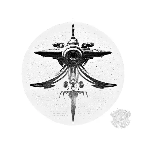 A Blackwork Tattoo Of The Star Trek Uss Enterprise Flying Through The Branches Of An Oak Tree