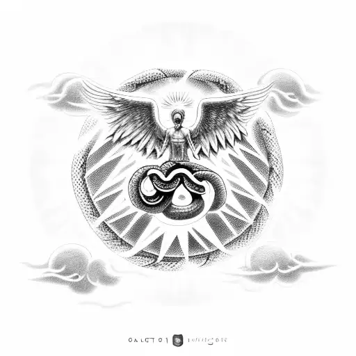 Guardian Angel In Clouds With Sun Rays Shining Through With Snakes Wrapped Around His Neck