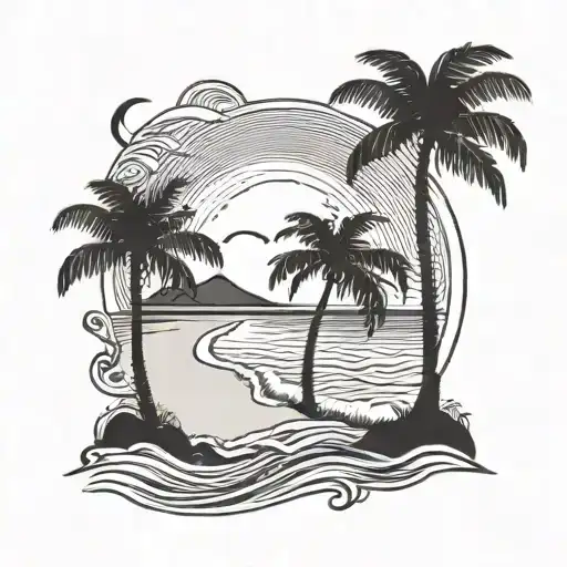A Serene Beach Scene In Fiji With Palm Trees And Waves In Blackwork Style