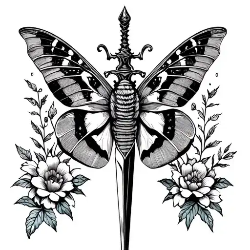 Moth In Dagger Tattoo With Flowers Created A V Shaped Boarder At The Top