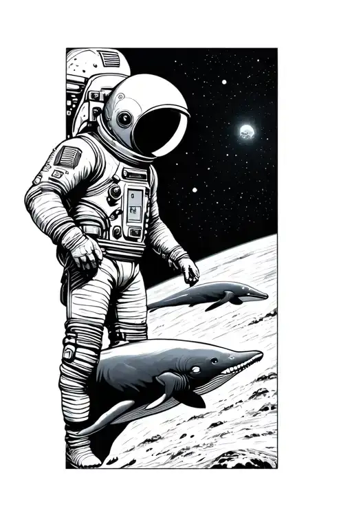 Man In A Space Suit In Space And Whales Meeting And Touching With A Finger