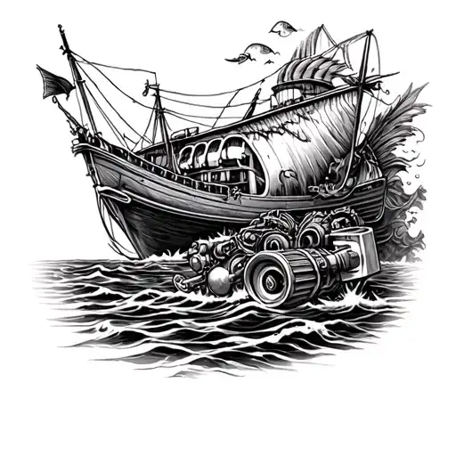 Sea And Boat And Fish And Car Engine And Pistons