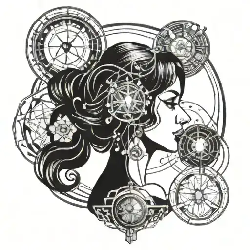 Portrait Of A Woman Holding An Atom Surrounded By Swirling Chemical Compounds In Art Nouveau Style