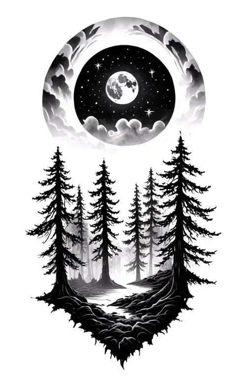 Forest With Moon Rising From Ashes Symbolizing Rebirth