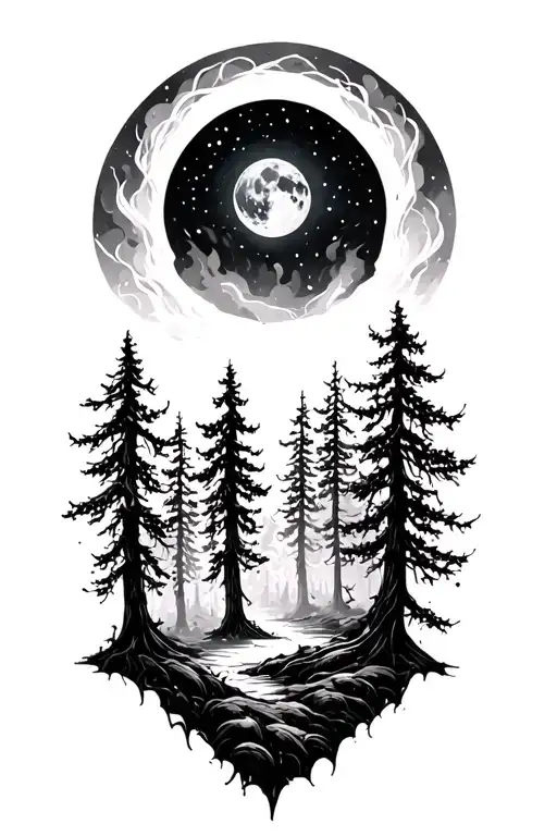 Forest With Moon Rising From Ashes Symbolizing Rebirth
