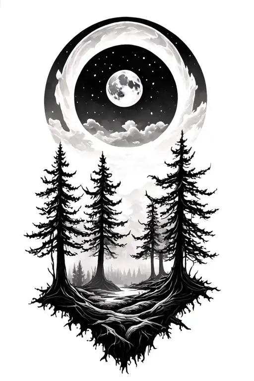 Forest With Moon Rising From Ashes Symbolizing Rebirth