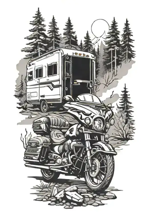 A Stryker Brand Camper In The Woods And A 2019 Indian Roadmaster Motorcycle Going Through Mountains