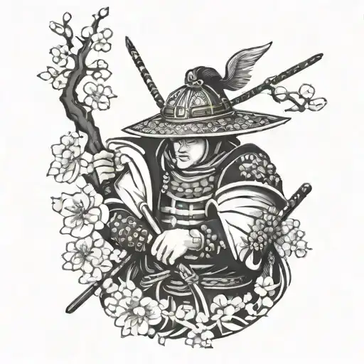 Small Samurai Warrior With Cherry Blossom Tree