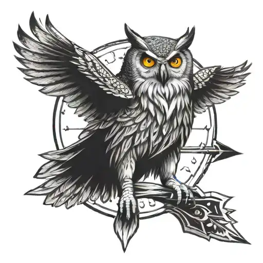 Flying Owl Holding Two Arrows In Claws