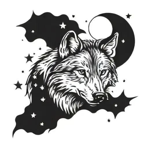 Wolf And Moon Surrounded By Stars