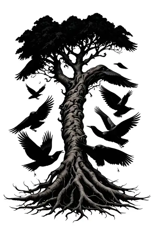 Poision Tree With Long Roots And Black Crows Flying