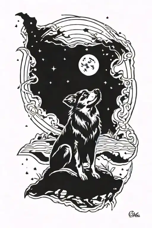 Dog Howling Under A Tire Or Rubble At Night With Stars