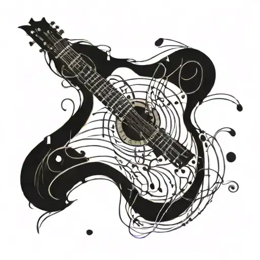 Musical Notes Intertwined With Intricate Guitar Strings