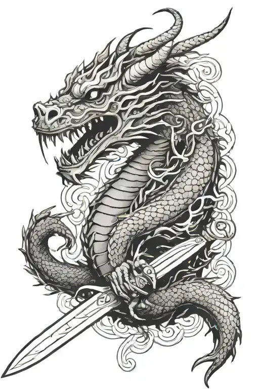 The Dragon Writhes Around The Blade And Next To It Is The Mask Of Hanya