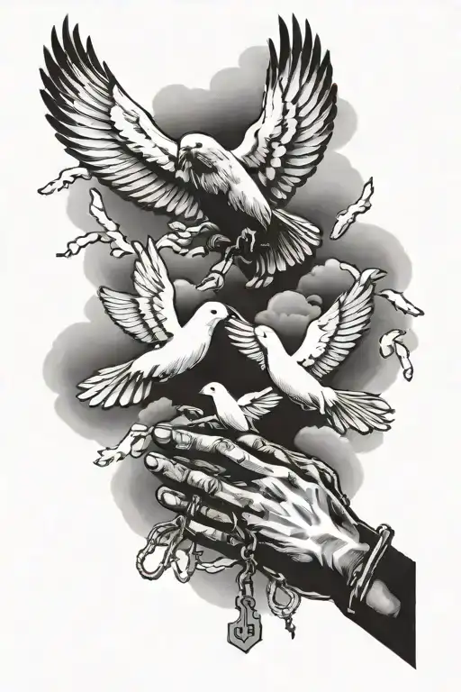Prayer Hands With Dog Tags With Clouds And Doves Flying