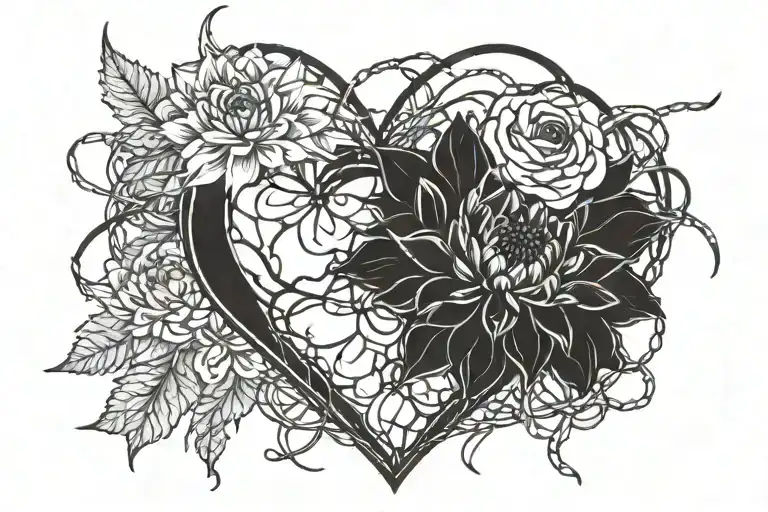 A Barb Wire Heart With Big Black Dahlias