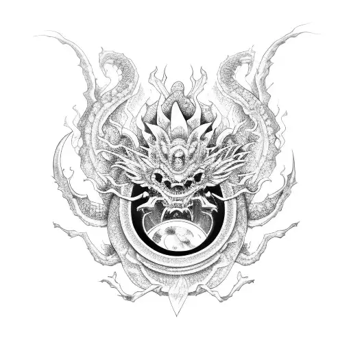 A Japanese Dragon Wrapped Around A Crescent Moon With A Sun Peeking Out From Behind