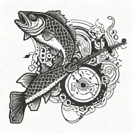 A Music-themed Tattoo Incorporating Elements Of Art And Fishing