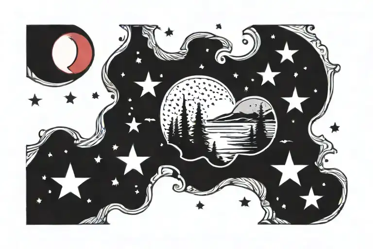 Black Mountains River Stars And Red Moon