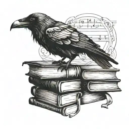 A Raven Perched On A Stack Of Books With A Metal Music Note In Its Beak