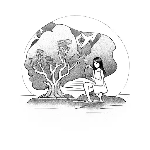 A Girl On A Tree Stump In A Lake