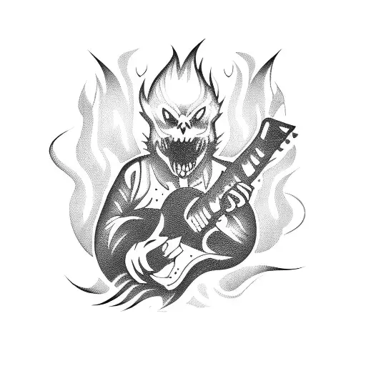 A Video Game Character Playing A Guitar Surrounded By Flames