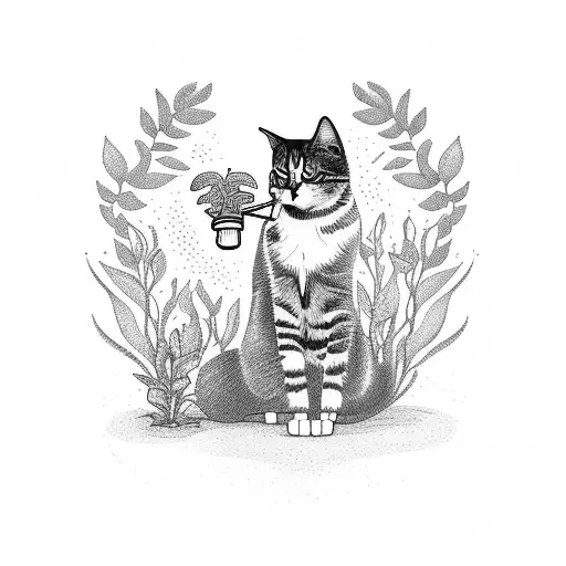 A Gardener Watering A Plant With A Cat Sitting On Their Shoulder