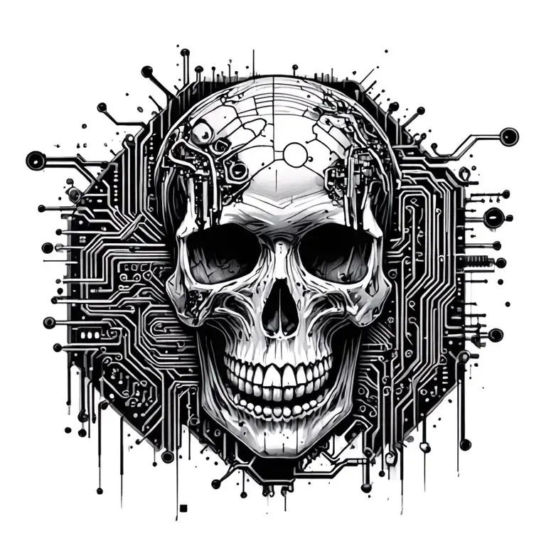 Skull And Technology With Pcb Tracks And Dark Atmosphere