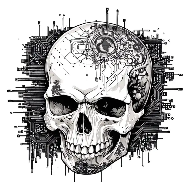 Skull And Technology With Pcb Tracks And Dark Atmosphere