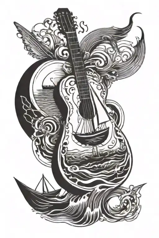 A Guitar With A Sailboat On It
