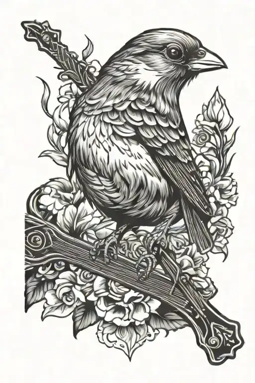 A Sparrow Sitting On The Headstock Of A Guitar