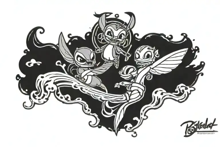 Blackwork With Wave And Lilo And Stitch From Cartoon