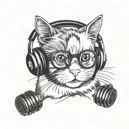 A Blackwork Tattoo Of A Cat And A Guinea Pig Wearing Headphones And Listening To Music Together