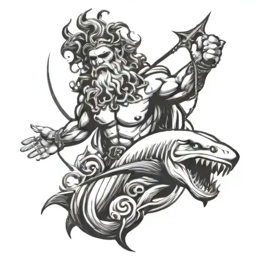 Poseidon God With Shark Surrounded