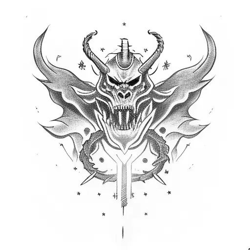 Demon Walking On A Leash With A Halo Above Its Head