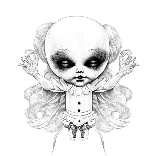 A Blackwork Tattoo Of A Creepy Doll Surrounded By Craft Materials