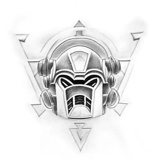 A Blackwork Tattoo Of A Warhammer 40000 Power Armor Helmet With Religious Symbols Incorporated