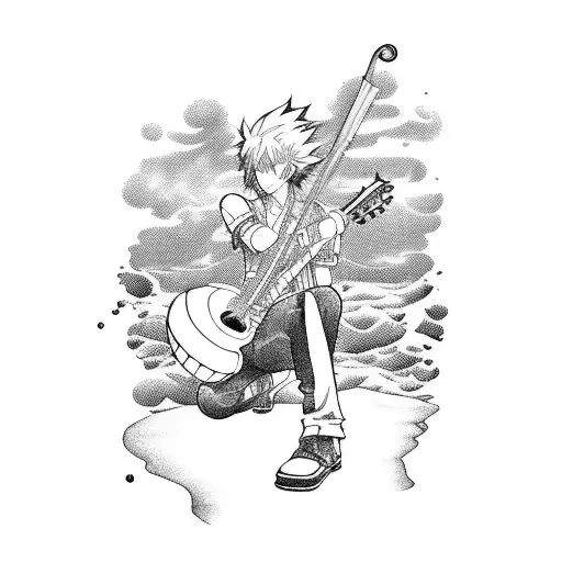 A Blackwork Tattoo Of An Anime Character Playing An Instrument On A Beach