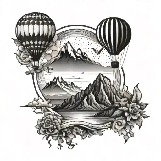 Hot Air Balloon With Mountains And Ocean And Hummingbird