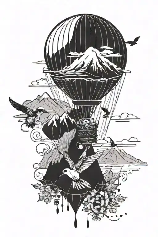 Air Balloon With Mountains And Beach And Hummingbird And Honeybee