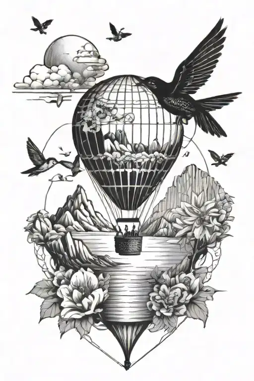 Hot Air Balloon With Mountains And Beach And Hummingbird And Bees