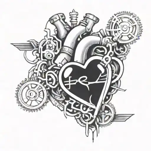 Create A Tattoo Design Featuring A Mechanical Heart Intertwined With Emo Rock Lyrics