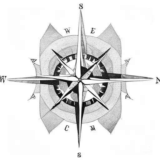 A Compass Rose Intertwined With Raven Feathers In A Blackwork Style