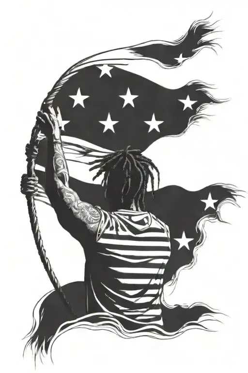 Black Man With Dreads From Behind Holding Waving Flag Pole